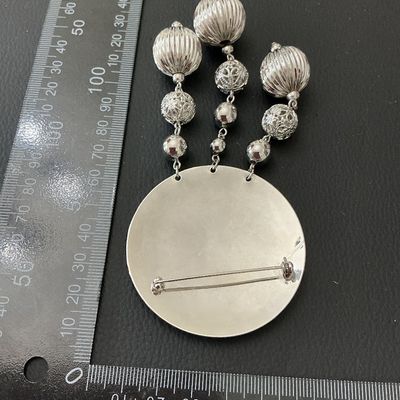 Silver Tone Monogram Medallion Brooch Pin with Dangle Beads