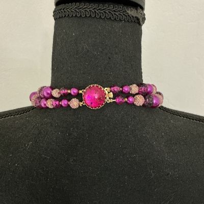 Vintage Double Strand Purple and Pink Sugar Bead Necklace Made in Hong Kong