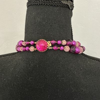 Vintage Double Strand Purple and Pink Sugar Bead Necklace Made in Hong Kong