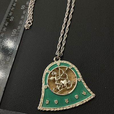 Vintage Sagittarius Zodiac Pendant Necklace with Green Enamel Accent