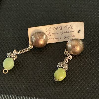 Vintage Sterling Silver and Lime Green Bead Drop Earrings
