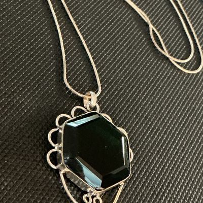 Sterling Silver Hexagonal Dark Green Gemstone Pendant Necklace