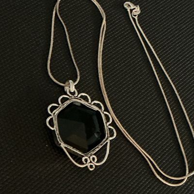 Sterling Silver Hexagonal Dark Green Gemstone Pendant Necklace