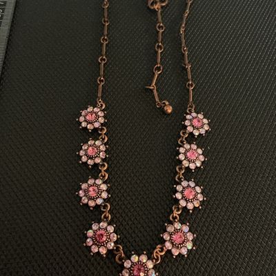 Vintage Copper Tone Pink Rhinestone Floral Cluster Statement Necklace