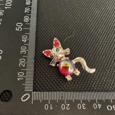 Vintage Gold Tone Cat Brooch with Rhinestones and Aurora Borealis Cabochon