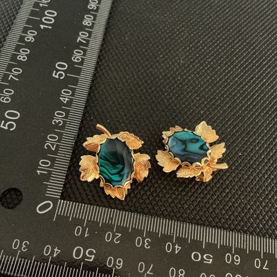 Vintage Gold Tone & Abalone Shell Grape Leaf Clip-On Earrings