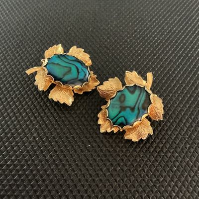 Vintage Gold Tone & Abalone Shell Grape Leaf Clip-On Earrings