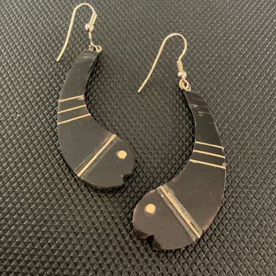 Vintage Black Horn & Brass Inlay Fish Dangle Earrings