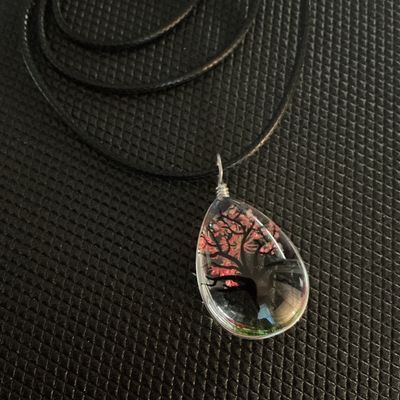 Teardrop Tree of Life Resin Pendant Necklace with Dried Flowers
