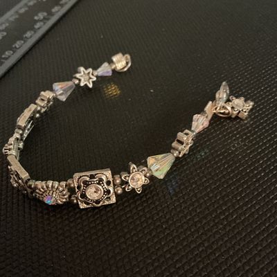 Silver-Tone Beaded Charm Bracelet with Crystal Accents