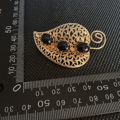 Vintage Gold Tone Filigree Leaf Brooch with Blue Goldstone Cabochons