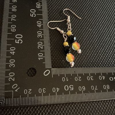 Beaded Dangle Drop Earrings Yellow Black Striped Glass