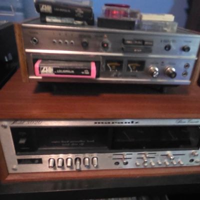 Sale Photo Thumbnail #23: Vintage Marantz Model 5020 stereo cassette deck in a wooden cabinet, paired with an 8-track player loaded with a Led Zeppelin cartridge.