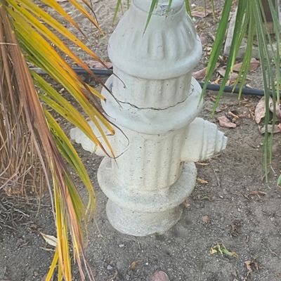Sale Photo Thumbnail #45: Concrete fire hydrant garden statue showing a crack around the upper section, situated outdoors near a decorative stepping stone.