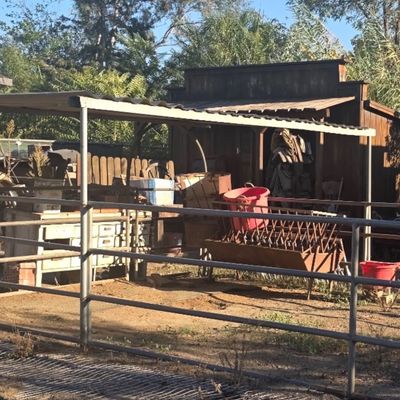 Sale Photo Thumbnail #59: Outdoor farm equipment and ranch supplies under a metal carport, including a metal hay feeder, plastic buckets, and a rustic wooden cabinet.