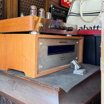Sale Photo Thumbnail #139: Vintage Marantz Model 3300 stereophonic preamp in a wooden cabinet, stacked below a custom vacuum tube amplifier and atop vintage speaker consoles.