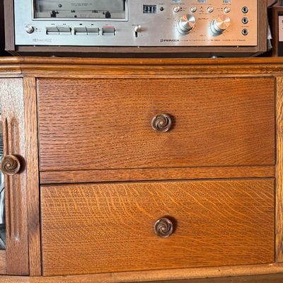 Sale Photo Thumbnail #142: Vintage Pioneer CT-F500 stereo cassette tape deck resting on a two-drawer wooden cabinet.