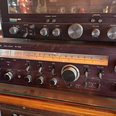 Sale Photo Thumbnail #145: Vintage audio equipment stack, including a Reference 180R by Quadraflex receiver, a Technics SA-5206 stereo receiver, and a cassette deck.
