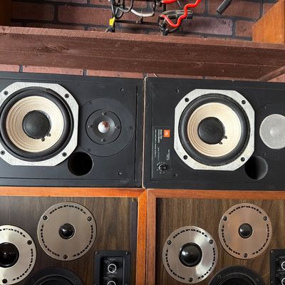 Sale Photo Thumbnail #164: Pair of vintage JBL Model 4401 Control Monitor studio speakers sitting atop a pair of Marantz wood cabinet speakers.