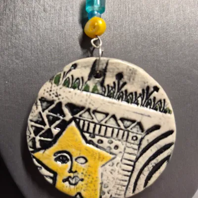 Vintage painted round Pottery Pendant & Earrings ~~~~~Southwestern Native American Style