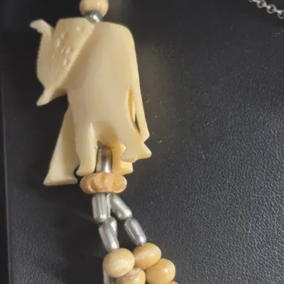 VTG Beaded Carved ? Resin ? Elephants 27" Long Necklace & single bead carved Necklace