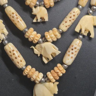 VTG Beaded Carved ? Resin ? Elephants 27" Long Necklace & single bead carved Necklace