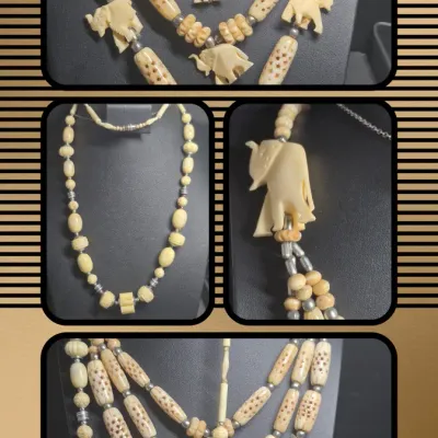 VTG Beaded Carved ? Resin ? Elephants 27" Long Necklace & single bead carved Necklace
