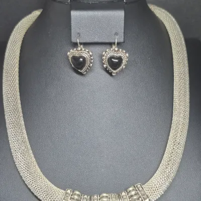 Vintage Silver tone Mesh Necklace & black heart Earrings