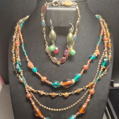 16" Amber/Honey Lamp Work Glass/Seed Bead Multistrand Necklace/Bracelet/Earring