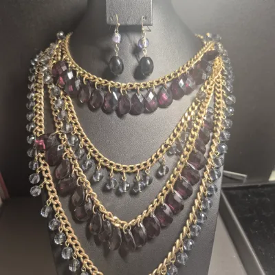 Purple Crystal Bib Necklace Set Bold Chunky Statement Jewelry With Earrings