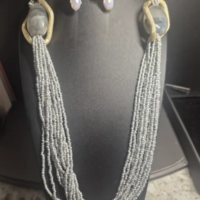 1980's-90's SEED BEAD 12 Strand Necklace & Bracelet + Pierced Earring SET