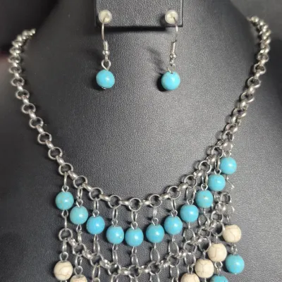 Southern style Fringe Necklace w/dangle drops & open Cuff Bracelet SET