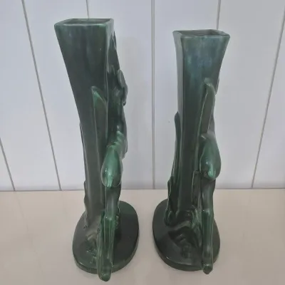 Royal Haeger Pottery Leaping Gazelle ~ Green Pottery Vase [ Pair] 1950s