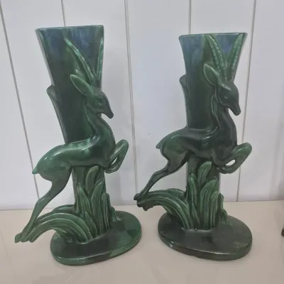 Royal Haeger Pottery Leaping Gazelle ~ Green Pottery Vase [ Pair] 1950s
