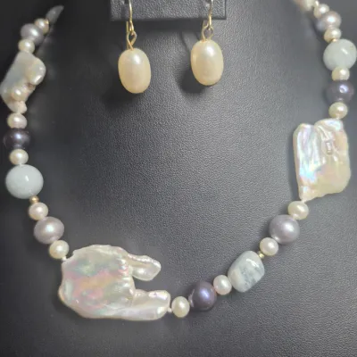 Vintage Baroque and Keshi Freshwater Pearls & Pearl expandable Bracelet + earrings