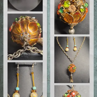 Vintage long gold tone rhinestone encrusted tassel Pendant Necklace & Bracelet + Earrings
