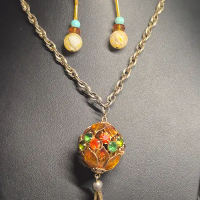 Vintage long gold tone rhinestone encrusted tassel Pendant Necklace & Bracelet + Earrings