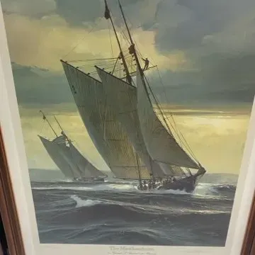 Sale Photo Thumbnail #50: Framed maritime art print titled "The Mistress" depicting sailing yachts on stormy seas, housed in a dark wooden frame.