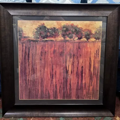 Sale Photo Thumbnail #125: Large contemporary framed art print featuring an abstract landscape scene with trees in warm earth tones.