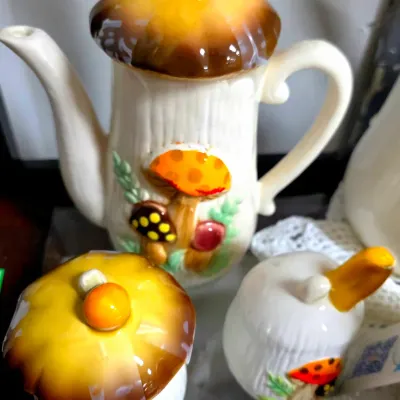 Sale Photo Thumbnail #189: Vintage Sears Roebuck Merry Mushroom ceramic coffee pot, sugar bowl, and creamer set, circa 1970s.