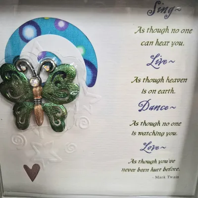Sale Photo Thumbnail #384: Framed inspirational shadowbox art featuring an embellished metallic green butterfly brooch and a Mark Twain quote.