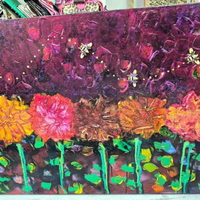 Sale Photo Thumbnail #394: Contemporary impasto mixed-media painting on canvas, featuring vibrant textured flowers and applied bee embellishments on a deep purple backdrop.