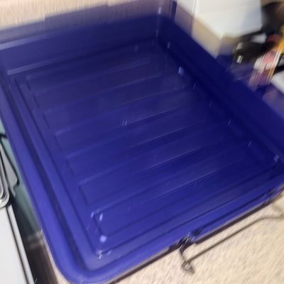 Sale Photo Thumbnail #68: Large blue plastic storage tote lid sitting on a kitchen countertop.