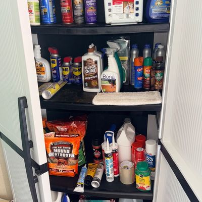 Sale Photo Thumbnail #119: Plastic storage cabinet filled with household cleaning supplies, pest control sprays, floor polishes, and lawn care products.