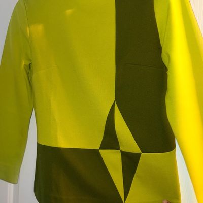 Sale Photo Thumbnail #135: Vintage 1960s Mod colorblock dress featuring a chartreuse green and olive geometric diamond design with a high neckline.
