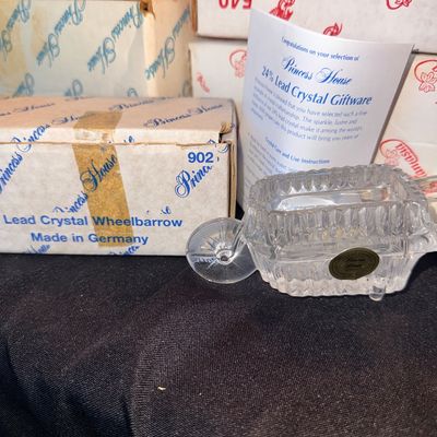 Sale Photo Thumbnail #162: Vintage Princess House 24% lead crystal miniature wheelbarrow made in Germany, complete with original box and insert.