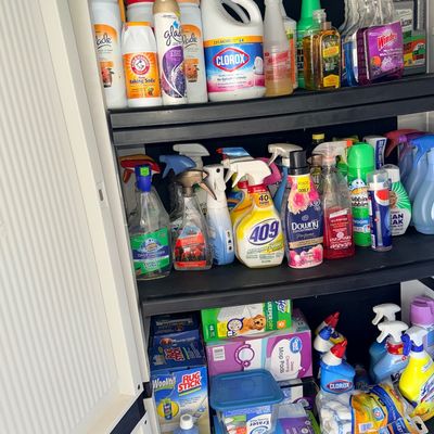 Sale Photo Thumbnail #176: Black plastic storage cabinet filled with assorted household cleaning supplies, including sprays, bleaches, air fresheners, and floor care products.