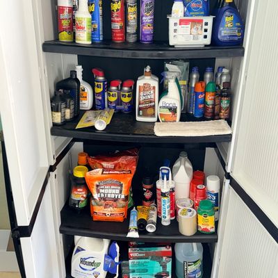 Sale Photo Thumbnail #180: Plastic storage cabinet filled with various household cleaning supplies, pest control products, and lawn chemicals.