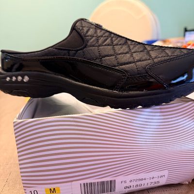Sale Photo Thumbnail #225: Easy Spirit Traveltime quilted black patent leather clog sneaker, women's size 10M, shown sitting on its original box.