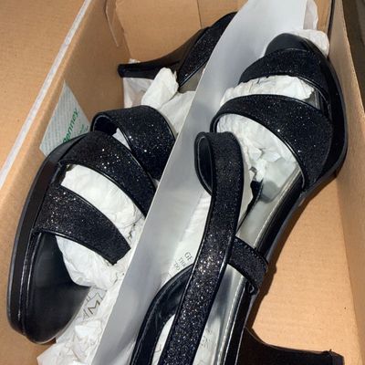 Sale Photo Thumbnail #231: Pair of women's black glitter strappy high-heeled sandals, boxed with original tissue paper.